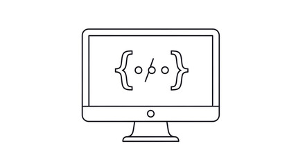 Isolated monitor displaying curly braces and forward slash for software development