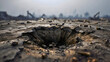 A fresh crater from a recent explosion in a war zone, a close-up of a bomb hole with smoke, the aftermath of an artillery strike in a ruined city, an image of urban warfare and devastation.

