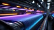 © rookielion - Modern Fabric Production: Automated knitting machines creating gradient textiles on assembly line with LED illumination