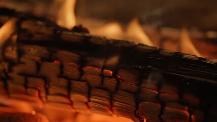 Sticker - macro view of burning wood, charring slowly with intricate patterns of flame energy, transformation,