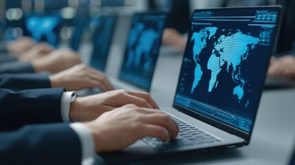 Business professionals using laptops in a modern conference room for data analysis and collaboration with a world map on display in a digital environment