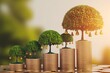 © Din Nasahrudin - Stacking gold coins and money bag of tree with growing put on the wood on the morning sunlight in public park, Saving money and loan for business investment concept.
