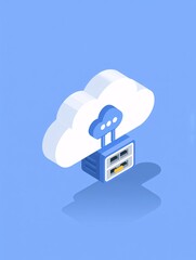 Wall Mural - isometric illustration of a LAN cable entering a cloudstone block, with flat primary blue background and long drop shadow isometric LAN cable cloudstone block flat blue background digital plug 