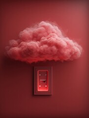 background with a floating cloudstone and LAN cable interface socket glowing softly, centered in minimalist layout red background LAN cable socket glow cloudstone floating stone digital plug 