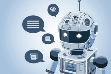 robot in center with speech bubbles and icons, digital chat illustration for online communication and AI technology