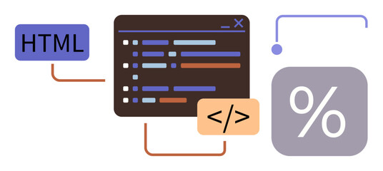 Lines of code in a window, HTML tag, percentage symbol, and connected brackets. Ideal for programming, web design, data analysis, coding education, software algorithm visualization interface
