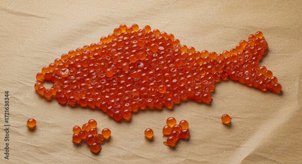 Fish silhouette arranged from glossy red salmon roe on a sheet of kraft ...