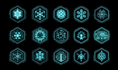 Set of hexagonal vector icons for UI and UX, in a turquoise color on a black background