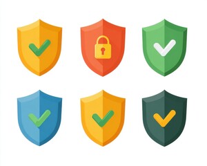 Set of security shield icons with lock and checkmark symbols, vector illustration on a white background