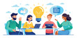 © TANIA - Innovative idea meeting with light bulb icons Vector cartoon illustration of a group of diverse people discussing an idea on a laptop monitor. Isolated on background.