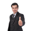 © suphaporn - Asian businessman in black suit showing thumbs up gesture, professional male corporate worker smiling with positive approval, success, agreement, business concept isolated on transparent background