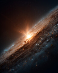 Wall Mural - Celestial Dawn: A mesmerizing view of a distant galaxy, with a vibrant sunburst illuminating its spiral arms, evoking a sense of wonder, cosmic beauty, and vastness.