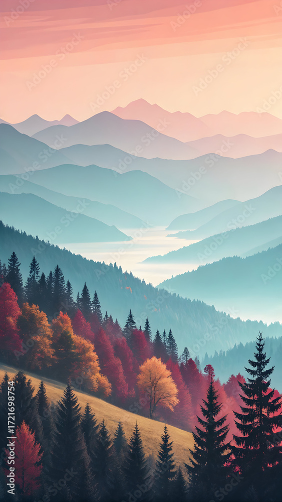 Misty Mountain Range Landscape with Layers of Blue Hues and Autumn ...