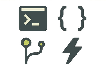 Programming and development icons set with terminal, curly braces, connection, and lightning bolt symbols