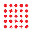 © Rakiba Sultana - Red abstract shape vector collection featuring starburst, circle, and sunburst icons, modern design elements perfect for labels, badges, decoration, sale promotion, and graphic illustration projects