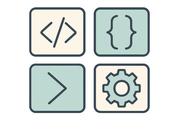 Modern programming and development icons set featuring code brackets, forward slash, and gear symbol for web design
