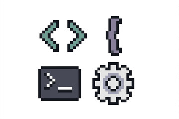 Modern pixel art programming code brackets terminal and settings gear icons for digital design and software development