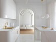 © Interiors and Design - Modern and luxurious kitchen with a white color scheme. the kitchen has a large arched window with white curtains on the right side, allowing natural light to enter the room.