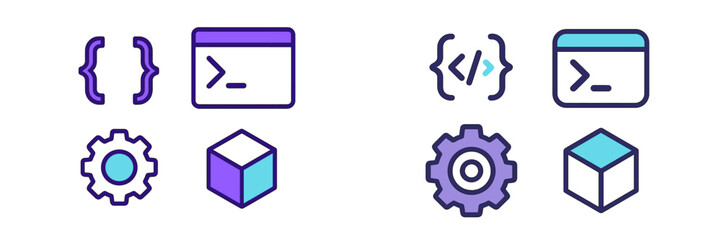 Vector illustrations of coding symbols, software tools, and programming elements for tech design projects