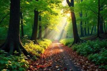 Wall Mural - Serene forest trail, dappled sunlight filtering through leaves, fallen leaves on path, peaceful woodland scene, perfect for hiking or nature themed projects , roots, dappled light