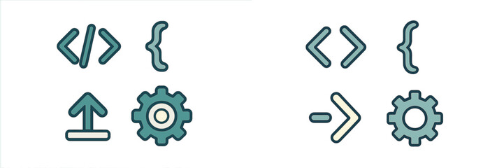 Unique symbols used in coding and programming, showcasing arrows, gears, and brackets on a white background