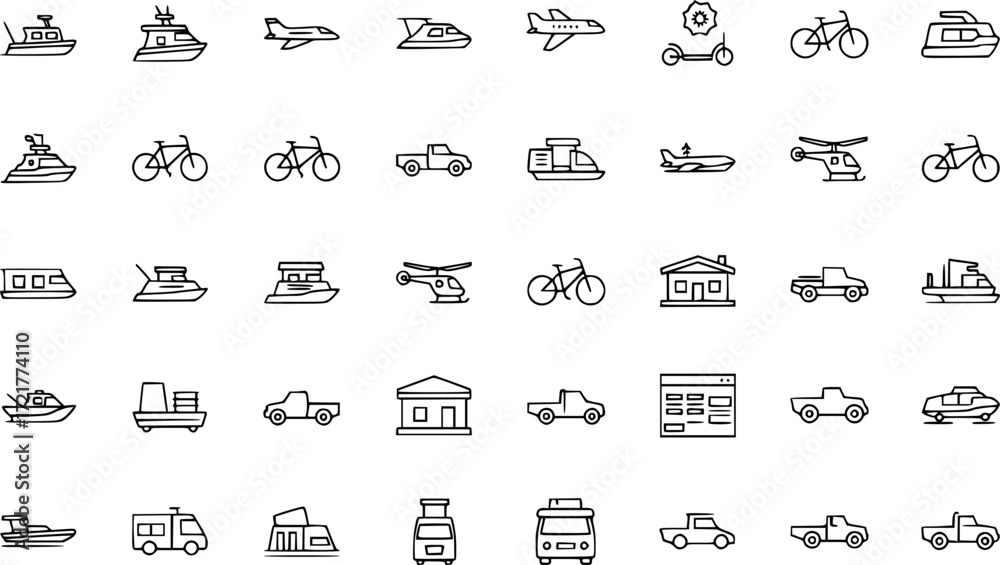 50 linear transportation icon pack. vector thin line pt boat, kick ...