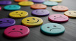 © Siti - Colorful smiley and sad face buttons on dark wood background representing diverse moods and emotions customer feedback satisfaction survey results