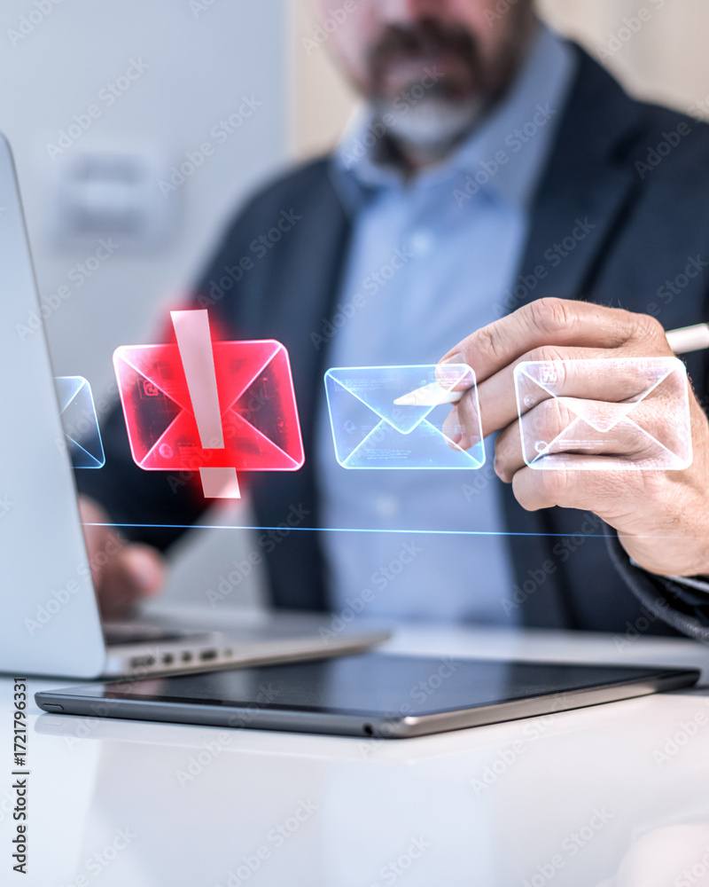 Cybersecurity concept: A businessman using a virtual interface to ...