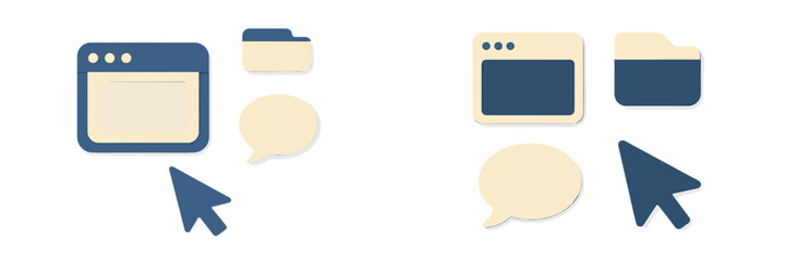 Modern design elements depicting web interface components with various icons and pointers for digital communication and navigation