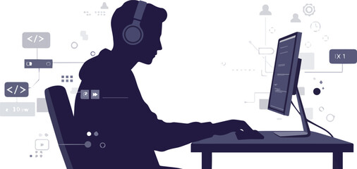 Vector silhouette of a focused programmer with headphones, working on a computer surrounded by abstract code and data symbols