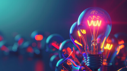 A vibrant display of light bulbs glowing with a bright filament on a colorful background scene art