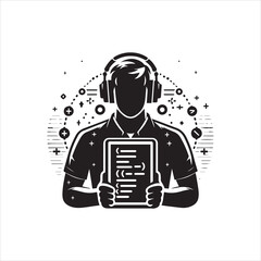 Programmer with Headphones Holding Code Tablet.