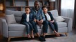 © Yuliia - Happy African American family portrait at home living room smiling spending time in living room father dad with two boys kids sons children cuddling looking to camera on couch insurance mortgage loan