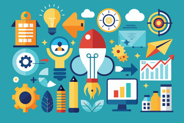 Colorful graphic showing business growth concepts with tools and illustrations in a creative layout