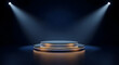 © saifulcs40 - Spotlight on stage with podium and stack of coins representing finance and wealth