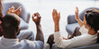 © guguart - Background of mental health care. Group of people participating raises their hands for therapy in the context of mental health counseling.