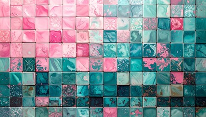 Abstract mosaic of pink and teal squares