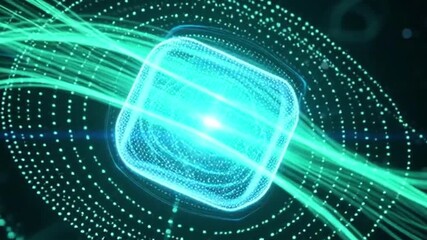 Abstract glowing cube with energy streams futuristic technology concept data visualization background