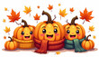 © Svetlanakras - Cute cartoon pumpkins with smiling faces wearing colorful scarves surrounded by autumn leaves, festive fall illustration on white background with copy space