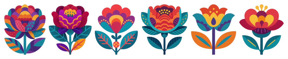 Wall Mural - PNG Vibrant geometric floral illustrations, element set on transparent background