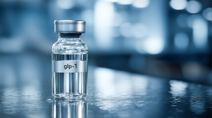 Wall Mural - a vial labeled ?�?glp-1?�� stands prominently on a reflective surface with a blurred laboratory background, suggesting pharmaceutical research or medical treatment.