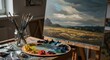 © PepeCura - Artist's Studio with Landscape Oil Painting on Easel and Colorful Palette