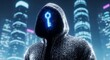© muhammad - Anonymous hooded figure with a glowing key symbol standing against a blurred cityscape concept for digital security and encryption