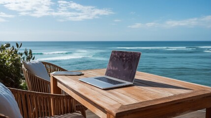 Wall Mural - a silver laptop rests on a wooden table overlooking a vibrant blue ocean with gentle waves and lush greenery.