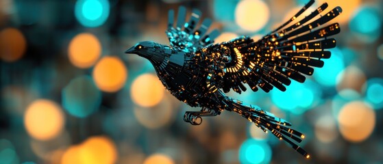 Mechanical bird in flight futuristic metal design with teal and amber lights