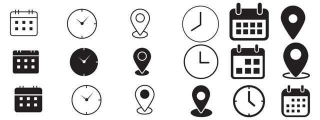 Wall Mural - time location calendar icon set. Address, notification bell. clock sign. location pin signs. Calendar icon symbol. Location place, date reminder. Vector