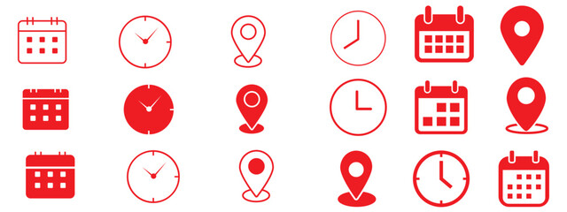 Wall Mural - time location calendar icon set. Address, notification bell. clock sign. location pin signs. Calendar icon symbol. Location place, date reminder. Vector