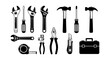 © danang - A comprehensive set of black and white tool icons for construction, repair, and DIY projects, featuring various workshop equipment