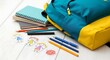 © imran - Back to School Essentials Backpack Notebooks Pencils and Child Drawings for Education