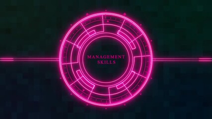 Futuristic interface with management skills text in the center, surrounded by glowing circles and lines against a dark background, creating a modern and techy feel